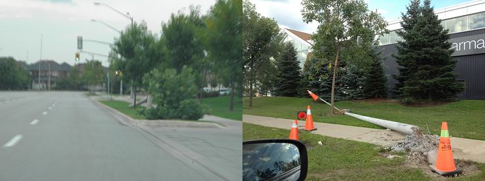 Stop Crashing Into Me!!
So it seems that this pole in my area seems to be attracting errant cars during the past year. The picture on the left was taken on September 12, 2011 and shows a downed pole with a smashed AEL 113. The pole in the right pic was put up sometime last October and replaced the downed pole in the left pic. This pole however, didn't last even a year as sometime in August (pic taken August 19, 2012) it too was knocked down. This time you see a smashed AEL 115 instead of the 113. Both are FCO and use 100w HPS. 

I'll update when the replacement to the replacement pole gets put up. 
Keywords: American_Streetlights