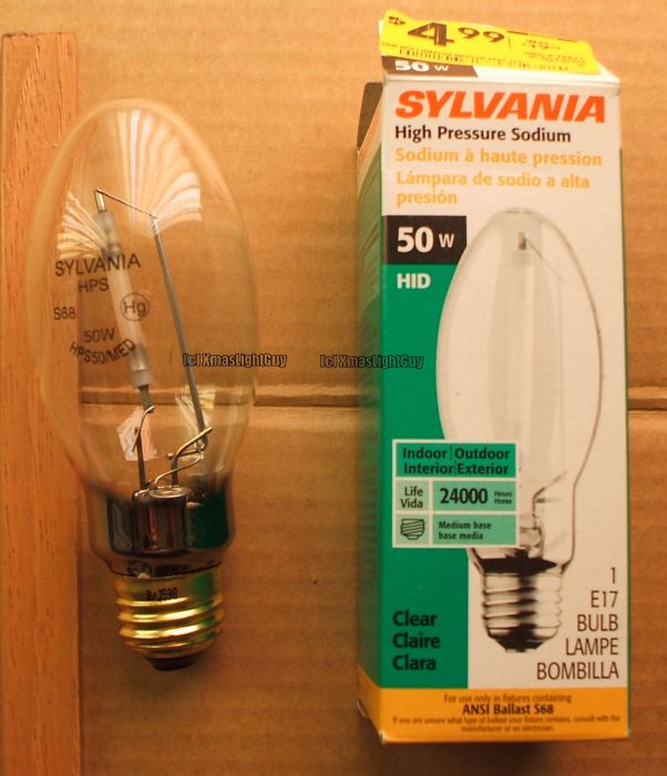 Sylvania 50w HPS
A Sylvania 50w HPS lamp. Note the internals which aren't even close to being straight.
Thanks to a suggestion by joseph_125 on LG, I was able to straighten it. 
Only 49 cents on clearance at Lowes
Keywords: Lamps