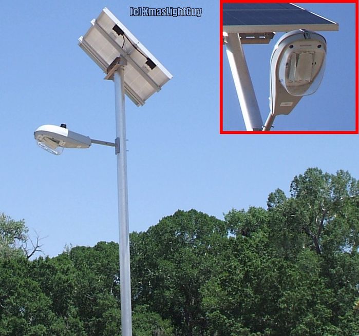 Streetlight #062 - Solar LED 
It looks pretty much like a 'normal' streetlight - save for the solar panel on top. Nice idea if it actually works / is reliable 
(note the close-up/inset is actually a different light of the same type than the main pic)
Keywords: American_Streetlights