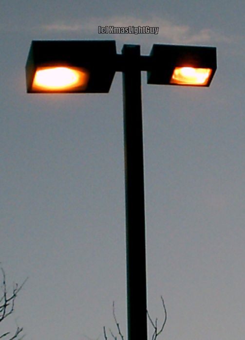 StreetLight #121 - 2 Different Sizes 
Noticed this one in a store parking lot last month...
One of the fixtures must've died or something & was replaced with a different size.
(not dayburning, it was evening when the pic was taken)

Location:
Lakewood CO
Keywords: American_Streetlights