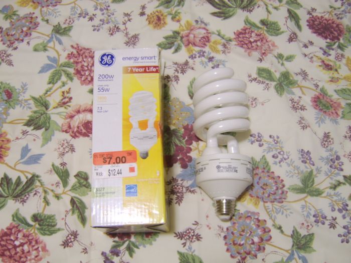 Big GE 55W (200W equivelent) CFL Bulb.
I got this at a Walmart clearance. This bulb is a bit bigger than the standard size CFL, and its actually pretty bright too.
Keywords: Lamps