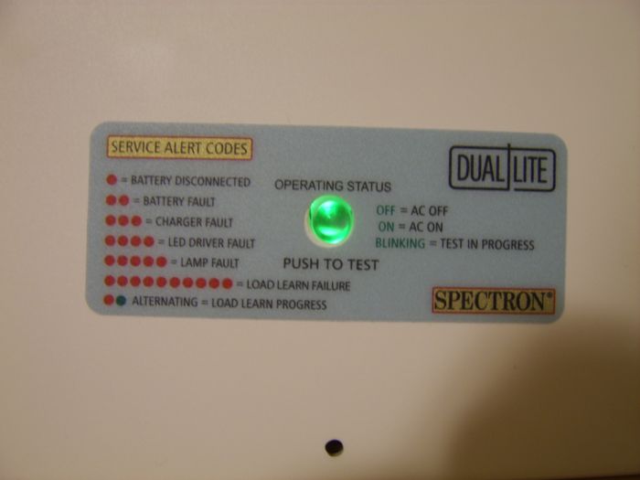 My Dual Lite EVHC6I LED Emergency Light Spectron Indications
Well, this unit like I said the unit has a self-diagnostic circuitry called Spectron from Dual Lite. Each of the red dots, are the service alert codes, and also along with that, the green light, is actually a test button, if thats pressed once, it will do a 60 second (1 minute) test, and press it again, the unit will do a 90 minute (1 hour and 25 minutes) test, and press the button again, will cancel the test, and return to normal. This was on my LED Emergency light, and I think its cool, to have a unit like this.
Keywords: Miscellaneous