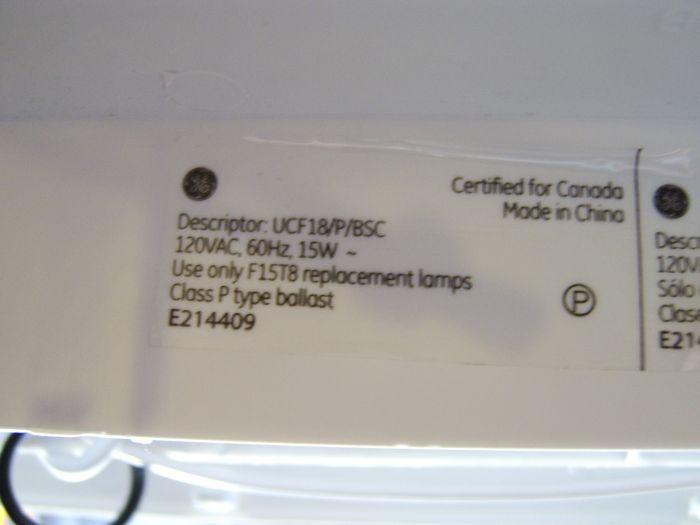 My GE F15 T8 undercabinet fluorescent fixture label.
Showing you the label of my GE undercabinet fixture.
Keywords: Indoor_Fixtures