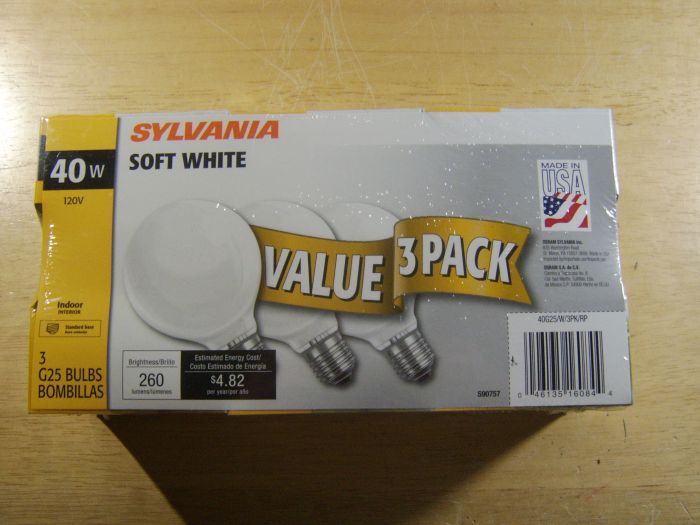 3 pack Sylvania incandescent G25 40w globe bulbs (back of the package)
Yep, these bulbs are proudly made in the USA!
Keywords: Lamps
