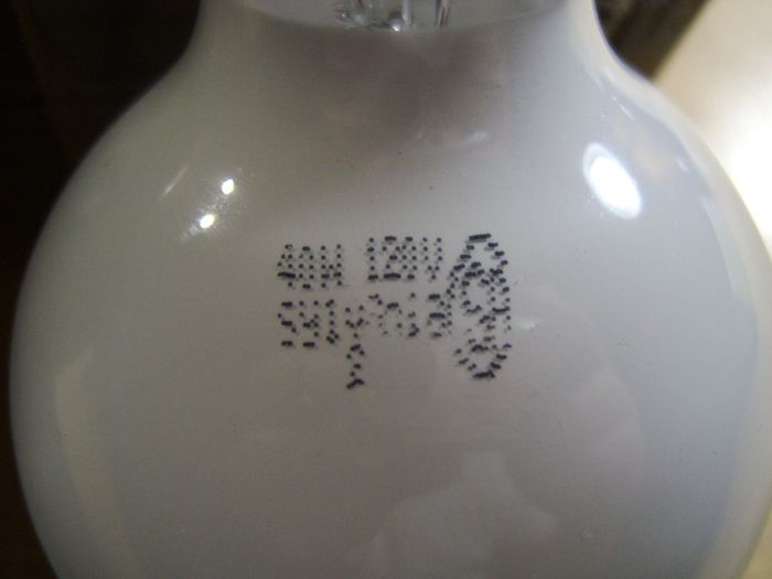 Sylvania incandescent G25 40w globe bulb (etch)
I opened one up for you to see the etch.
Keywords: Lamps