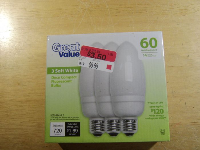 3 pack Great Value (Walmart brand) 14w CFL bulbs
This was a restore find, not at Walmart, these used to be at a Walmart one time on clearance, but I got these at a cheaper price than the Walmart price tag, was around 65, which is a better deal.
Keywords: Lamps