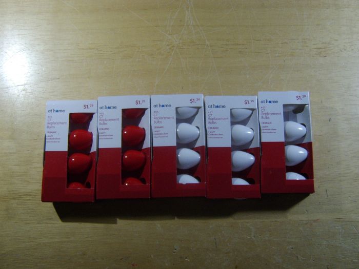 AWESOME SCORE!!!!!!!
Oh yeah, I got these from At Home, on clearance for 12 each! They're red and white ceramic incandescent C7 shaped light bulbs, 4 packs in one package.
Keywords: Lamps