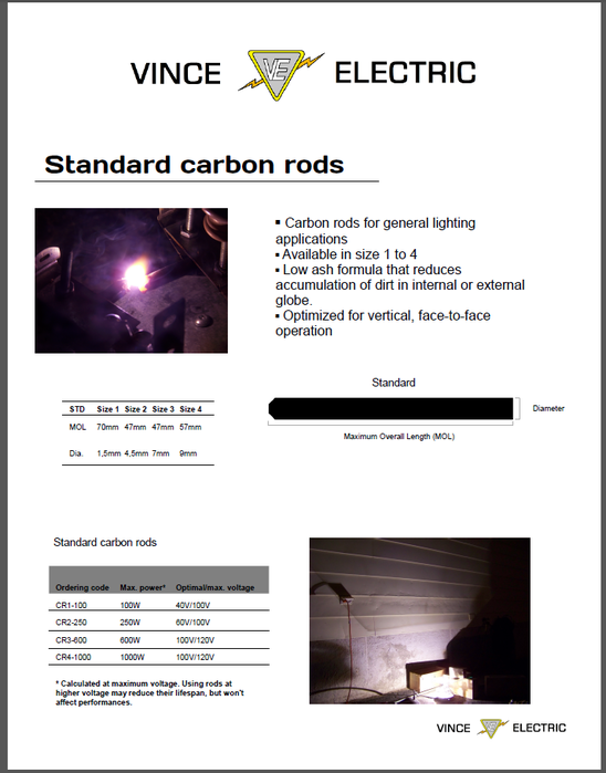 Standard carbon rods - Datasheet
Produced using OpenOffice Draw

Here's the datasheet for the standard carbon rods. They can be used in various application to give a pure, bright white light. No lumen rating or colour temperature so far, as I need to perform more advanced tests to give somewhat accurate lumen and colour T ratings.
Keywords: Lamps
