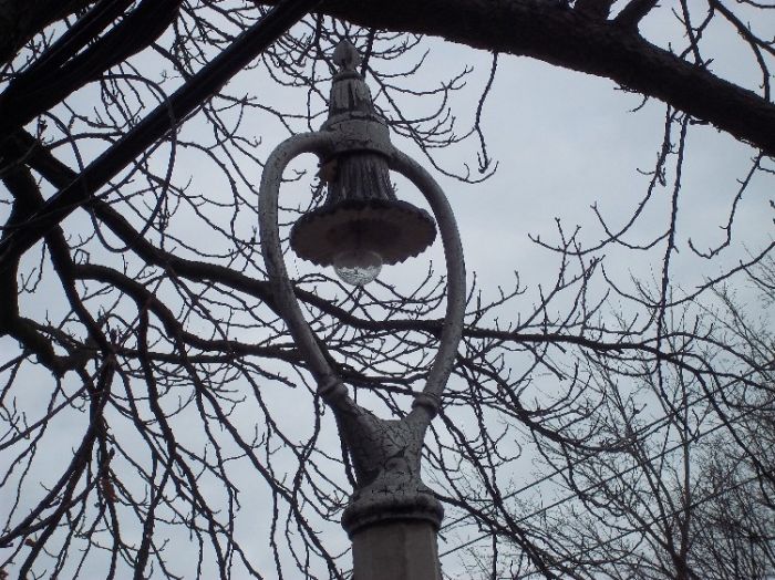 6.6A Series Incandescent "harp" style light 
Pittsford, NY outside of Rochester.  There are many of these, along with crescent moon lumes on Jefferson Rd. into the village still in use.  What amazes me is how the hell RG&E can still get mogul series lamps?
Keywords: American_Streetlights