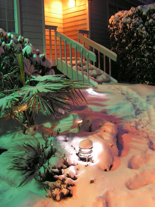 Outdoor lights in Seattle Snowmageddon 2012
The half foot of snow from the third week of January, 2012 in my front yard is highlighted by the partially buried LED tier lights and halogen floodlights, plus the spill light from HPS and mercury wall packs. Almost looks like candy to me.
Keywords: Lit_Lighting