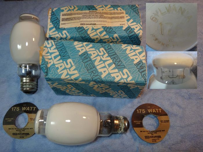 Sylvania 175watt Mercury Vapor Clear Bander
Here is one of my finds from the day 5-5-2012. I went to a local restore and found many NOS mercury vapor light bulbs, in which I took all of them, and some other things too... I was amazed to find these new clear banders for $2 a piece! The bulb to the left has its etch fading away, it rubs off really easy. The one on the bottom is the bulb etch pictured in the upper right corner. Any ways of keeping the etch from rubbing off?
Keywords: Lamps