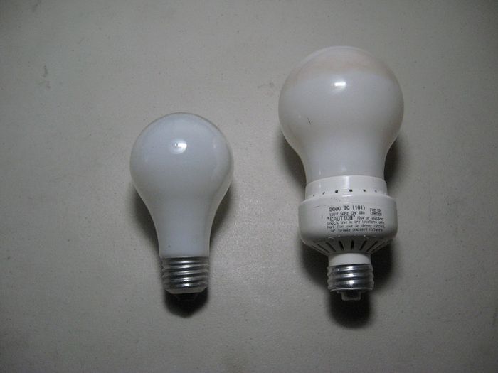 Lights Of America "The Bulb" comparison
Lights Of America "The Bulb" A-shaped compact fluorescent compared to a normal 60 watt incandescent. 
Keywords: Lamps