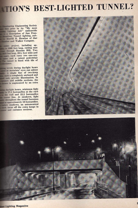 Continuous fluorescent tunnel lighting
A good idea...it avoids the nasty flickering effect one gets now when driving through a tunnel HID luminaires. Sorry this didn't come out better - it was bound in a large book & difficult to scan.
Keywords: American_Streetlights