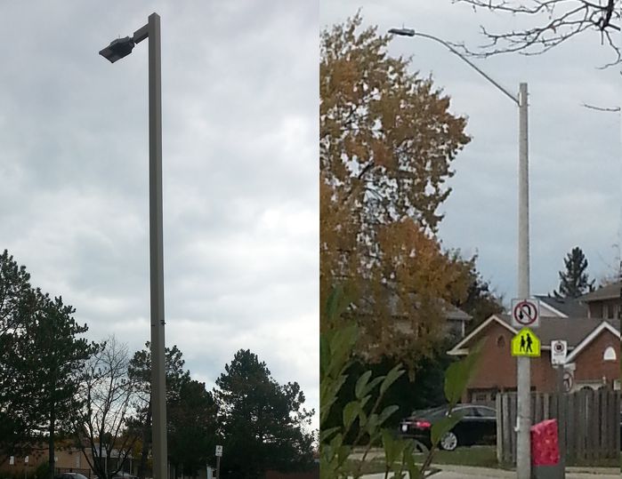 Mass LED retrofitting
The city of Mississauga plans to have all LED streetlights by the end of 2015 into 2016. The left was formerly a shoebox, while the one on the right was a R7. They appear to be Fortran e-lite star. This fixture has 3 different sizes for different roadways. The smaller it is the smaller the wattage and the bigger it is the higher the wattage. The shoebox's have retrofitted new arms onto the poles for these fixtures on all sizes of shoebox's that are existing. Heres a link to Fortrans streetlights
Keywords: American_Streetlights
