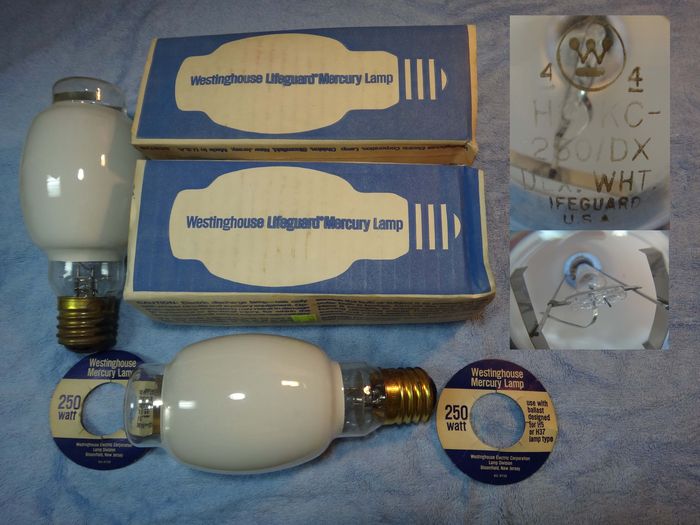Westinghouse 250watt Mercury Vapor
Here is one of my finds from the day 5-5-2012. I went to a local restore and found many NOS mercury vapor light bulbs, in which I took all of them, and some other things too... I got these two for 2$ a piece!
Keywords: Lamps