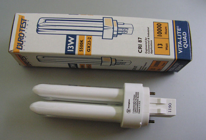 Westinghouse-Duro Test Vita Lite CFL
Goodwill find; this is the PL-C version of the Duro-Test VitaLite; it's close, but not identical to the linear fluorescent Vita-Lite in colour but this appears to be a triphosphor lamp. Interestingly, the lamp itself is branded Westinghouse and the tube design looks like Osram-Sylvania's. The "transmissive glass" allows some UV through - thus the "Vita-Lite" designation. I am using it in my laundry room on a GE magnetic adapter in an enclosed glass ceiling light.
Keywords: Lamps