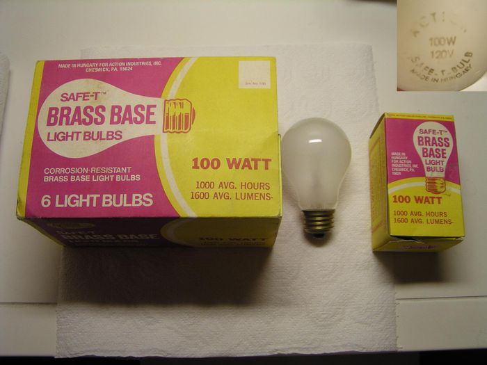Nice oldies! Rare 6 pack of Action Tungsram 100w bulbs!
These are the first generation Action Tungsram bulbs sold in the USA, the package has a copyright year of 1975. The package still has the price tag for $1.00 and it is marked SSK, standing for SS Kresge who also owned Kmart.
Keywords: Lamps