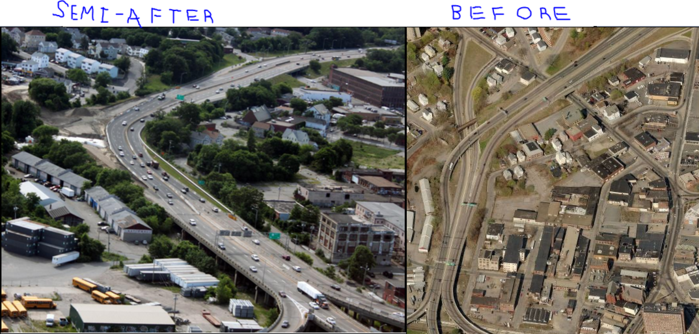 Route 6 Before N' After: Bird's Eye View
The "after" in this pic isn't current. This was before the new LED poles were put up and before they rebuilt the on-ramp where the curve is (the off-ramp will not be rebuilt, thus eliminating the need for a bridge. The nixed off-ramp is not necessary anyway because motorists can get off at the Hartford Ave exit (top right of the pic), take a right, take another right, and end up on the same street. The extra ramp did mor eharm than good, creating back-ups from people switching lanes and stuff (I'm prett sure USDOT doesn't allow left-lane ramps in new construction so RIDOT has been tring to get rid of the preexisting ones as construction becomes necessary.
Keywords: American_Streetlights