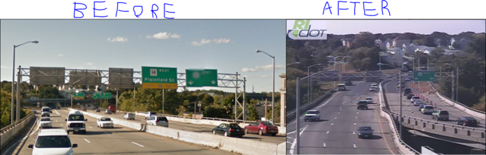 Route 6 Before N' After
The before shot is a Google Streetview shot. The After shot is from a RIDOT traffic camera, taken a few days ago. That's what the stretch looks like now. The second overhead sign frame has been taken down as you can see. You can see the tall davits in the "after" shot, which have LeoTek LEDs.
Keywords: American_Streetlights