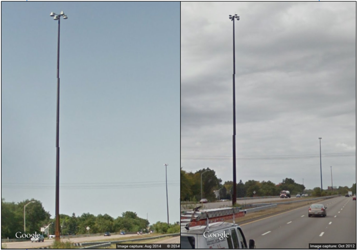 MassDOT is Testing LEDs: Before N' After Highmast Edition
MassDot has five 4X highmast poles in-line at the MA/RI line (where those tall long-armed trusses are) and two of the five poles have had their HPS drop lens highmasts changed to LED units. Here's a before-and-after comparison.
Keywords: American_Streetlights