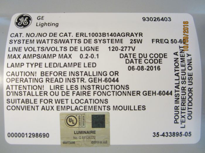 G.E. Evolve ERL1 LED Streetlight
Mike, here's a picture of a label inside the G.E. Evolve.
Keywords: American_Streetlights