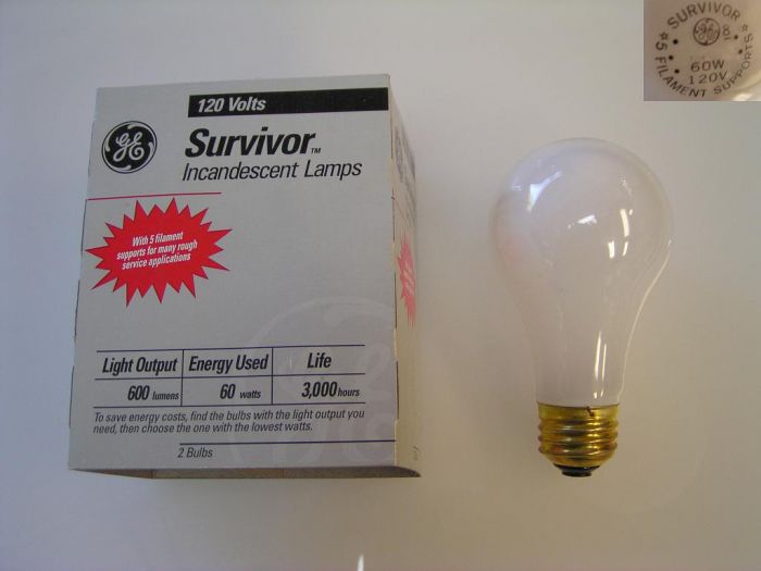 GE 60w Survivor bulb
The GE Survivor bulbs were similar to those made by smaller lamp manufacturers such as Duro-Test, Meadville (Hytron-K), Marvel, American Lamp, etc. However GE discontinued the Survivor line in 2008 following the closing of the Euclid Lamp Plant. I bought lots of these at the local 99 cents only! stores for just a dollar per pack.
Keywords: Lamps