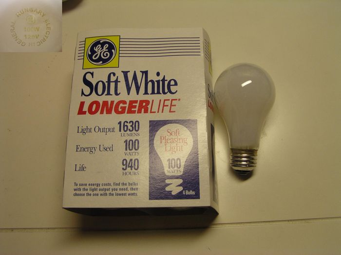 GE 100w bulbs sold in California eh? Yupola!
Found these cool bulbs at a Dollar General store. As you can see on the etch, it is made in Hungary. The Hungarian 100w bulbs have horizontal filaments, very unusual for GE 100w A-19 bulbs.
Keywords: Lamps