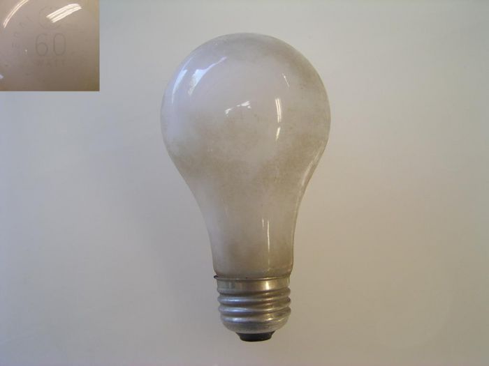 GE 60w Soft White bulb with inside etch
Very old, 50s vintage. May not even have come out of a Soft-White package, rather called a Deluxe White lamp. The term "soft white" was coined for white incandescent bulbs in '59.
Keywords: Lamps