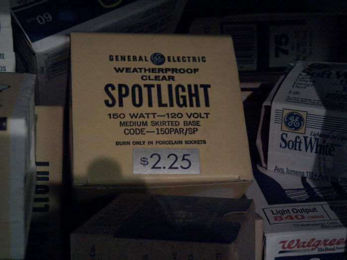 GE Spotlight Box
Yes, the spot light is in the box and it's brand new. Been sitting on the shelve in my grandparents' basement since it was sold on store shelves back in maybe as early as the 70's? The light cast on it is from the F90T17 light behind me in this pic.
Keywords: Lamps
