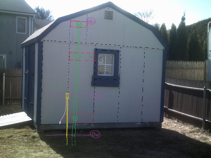 Mounting a Light on the Shed: Proposal #2
Well, there are no vertical studs above the window, so I decided to not go with a mast arm mount and instead use an EMT pole like in my room. 

The dotted black lines represent the existing studs (2X4s), which are mounted about 24" OC. 

The dotted blue lines represent the two new studs I will add up above (2X4s). 

The dotted red boxes represent the boards I will add between the two studs (either 2X10 or 2X8, we have both). Those "red boards" will provide an anchor for the three supports.

The green is the conduit "pole", which will be 1-1/4" EMT conduit. The "straps" are actually going to be yardblaster mounting arm brackets. 

The EMT will be a straight section with a 24" yardblaster arm slipped over the top (the yardblaster arm is a hair larger than the EMT, which will provide a snug fit. I'll send a screw or two through the area they meet to make sure the arm doesn't rotate. The three straps to hold the EMT will have either hex or carriage bolts (four each) go through the whole wall and have nuts on the inside. That will make a very secure mounting. I was going to settle for lag bolts but like I always say "Go big or go home!" (still working on the highmast pole though George lol)

The yellow is 1/2" EMT conduit. Like the 1-1/4" EMT, it will stick into the ground a foot or two. A length of outdoor UF cable (basically gray romex) will run from the junction box, down into the ground and then back up, through the larger conduit up to the light.

So now I think it's gonna cost around $50. I'm not too happy about the cost, but it will be better than the previous method...
Keywords: Drawings_/_Wire_Diagrams_/_Spec_Designs_/_Etc.
