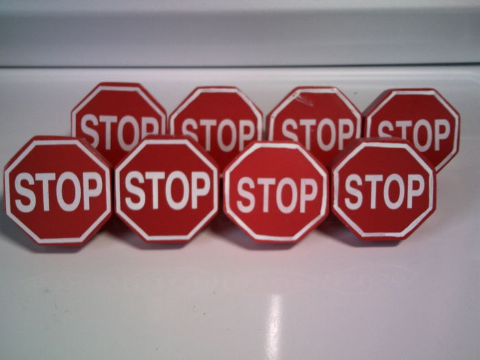 *FOR SALE* Stop Sign Dresser Knobs
I had these when i was little and came accross them in the basement. I have eight as seen. All are used, but are in good condition. The price is $0.75 each or $5 for all eight PLUS shipping. These would be perfect if anyone here has a young boy that likes cars and trucks or contruction. I had a yield sign, traffic light, and a few red hand and green man stop signs too when I was little, but i think these were the only ones put in storage.
Keywords: Miscellaneous