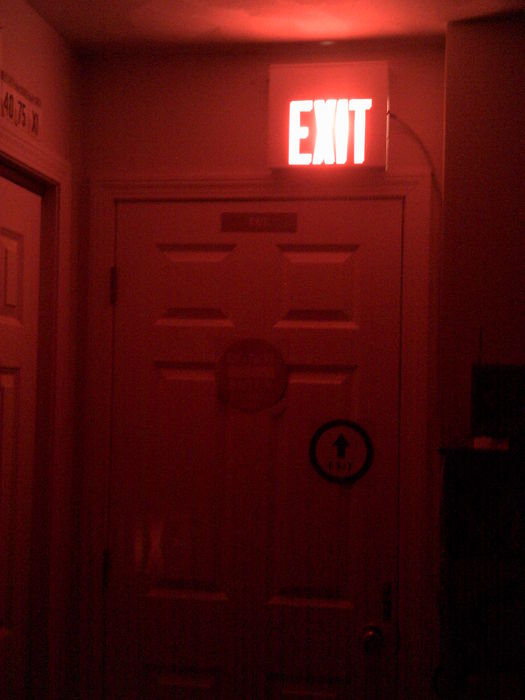 Exit Sign Full View
My room is pretty small (10ft X 9.5ft) so the 9W PL is very bright for the room. I'd rather have the sign a little dimmer (the incandescents are dimmer) but I like the start-up of the PLs so much more than the incandescents lol. i'm thinking of maybe making my own T5 retro-fit kit for this.
Keywords: Misc_Fixtures