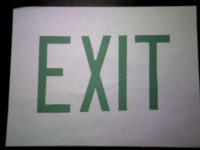 Homebrew EXIT Sign
I made this with one green piece of paper and one piece of white paper. I used a ruler to trace out the letters on the white paper, keeping them all 1/2" thick, and then cut them out. After that, i taped the green paper behind it to make the letters "colored in". It doesn't light up, since it's only paper and tape, but I like how it turned out.
Keywords: Miscellaneous