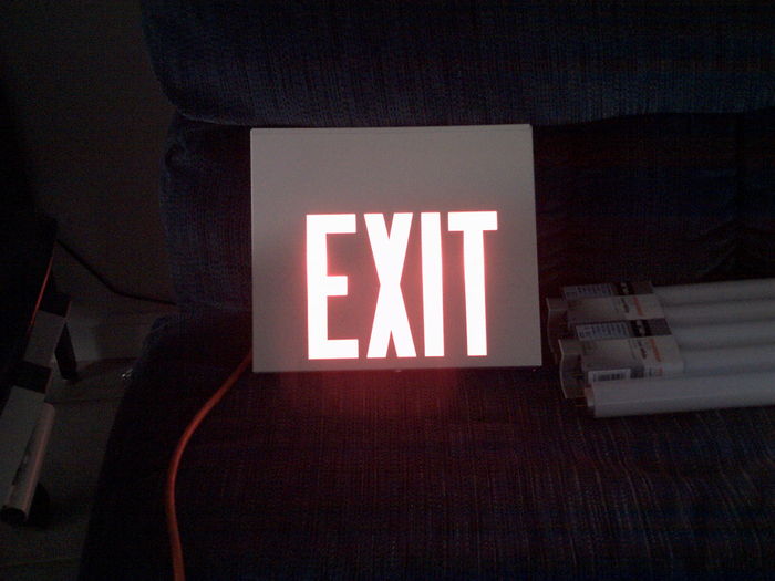 Exit Sign Lit with Red Panels
The date code is inside the light; i'll have to look. Is anyone here even familiar with Hubbell date codes?
Keywords: Misc_Fixtures