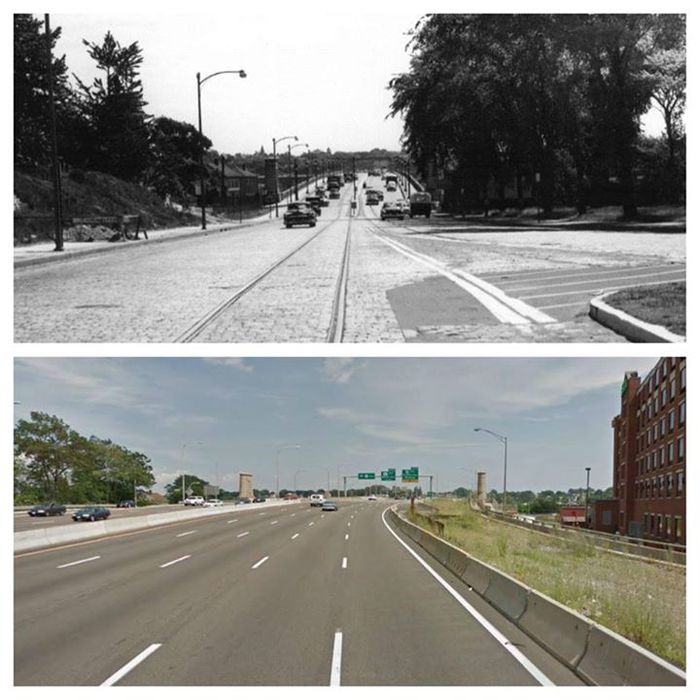 THROWBACK THURSDAY RIDOT: Before N' After of Washington Bridge
Above is I-195 before it actually became I-195. Back then, it was a freeway from I-95 to about Benefit Street. Then it was just a city road. Looks like there was a streetcar too looking at those tracks. Those are Form 109s in the top pic. Bottom pic is all newer HPS lights except for the lone truss, which holds a L-150 (250W HPS). The L-150 is the lone survior from when they did the I-Way Project on I-195 (relocating the end that joins I-95, getting rid of the original 1940s freeway portion that had those cool old poles). The L-150 will probably come down eventually. They're still doing some work over here.
Keywords: American_Streetlights