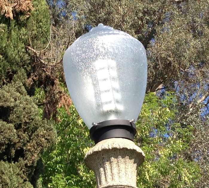 LED retrofit lamp in acorn
Here's a LED retrofit lamp inside an acorn. Most of the acorns at this old city park in Colton, CA got these, a few still have HPS and one has a clear MV. I've seen them at night, they look to be around 3000K.
Keywords: American_Streetlights