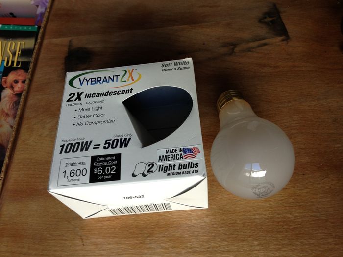 vybrant 50w halogen bulb as bright as 100w inc!!!
i bought a pack from 2xlightdirect.com. they finally arrived today. i was in for a surprise: they are made in USA! they do look as bright as a 100w 750 hour bulb but there is a slight difference in color appearance. the 100w bulb has more red in the spectrum. also note the nice old fashioned inside frost glass.
Keywords: Lamps