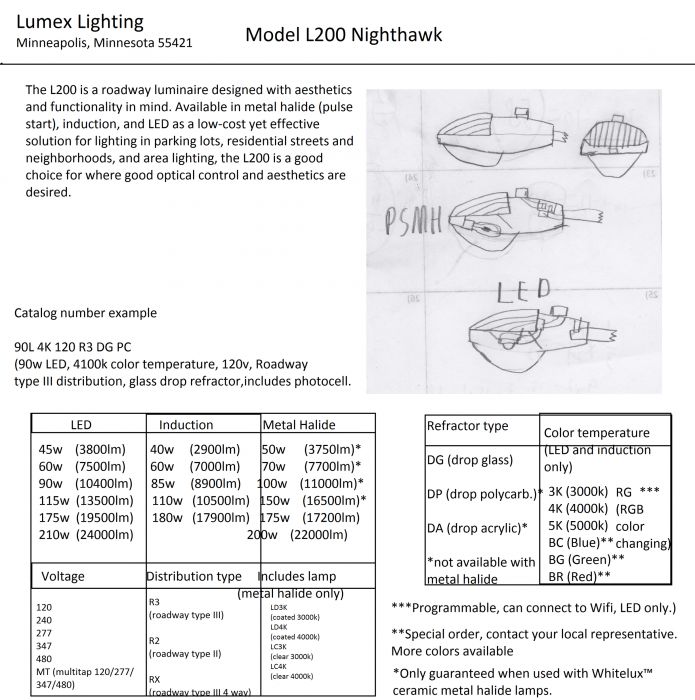 Lumex L200 "Nighthawk"
This was a concept for an LED cobrahead I made a few days ago. It would also be available in PSMH or Induction.
Keywords: American_Streetlights