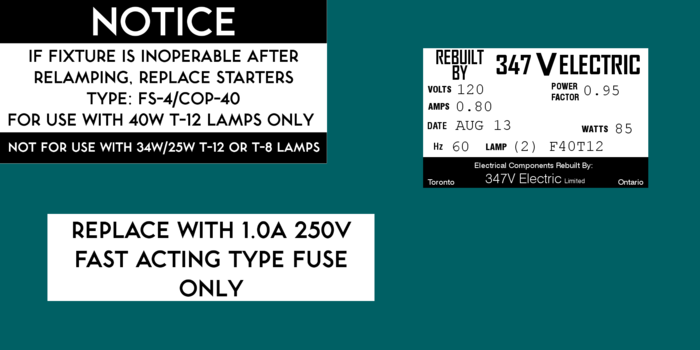 Preheater Labels
Here's some labels I've made for a F40 preheater rebuild. Note the warning label reminding the user to replace the starters and that preheaters only work with 40w lamps. 

The other labels are used to remind the user which type of fuse to use and to show the rebuild date. 
Keywords: Drawings_/_Wire_Diagrams_/_Spec_Designs_/_Etc.