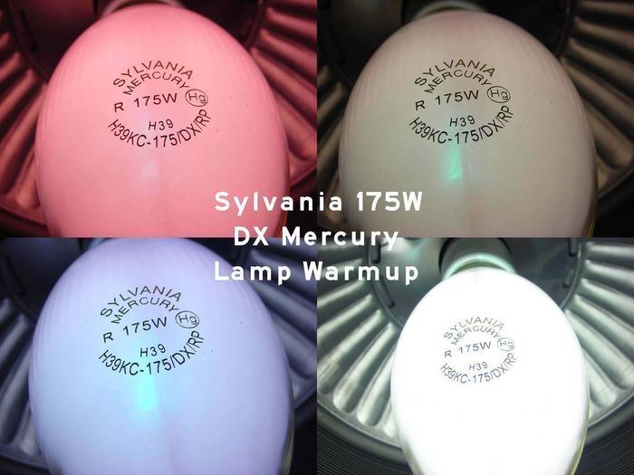 Sylvania MV Warmup 
Here's a series of pic that shows the warmup cycle of a Sylvania 175w DX mercury lamp. 
Keywords: Lamps