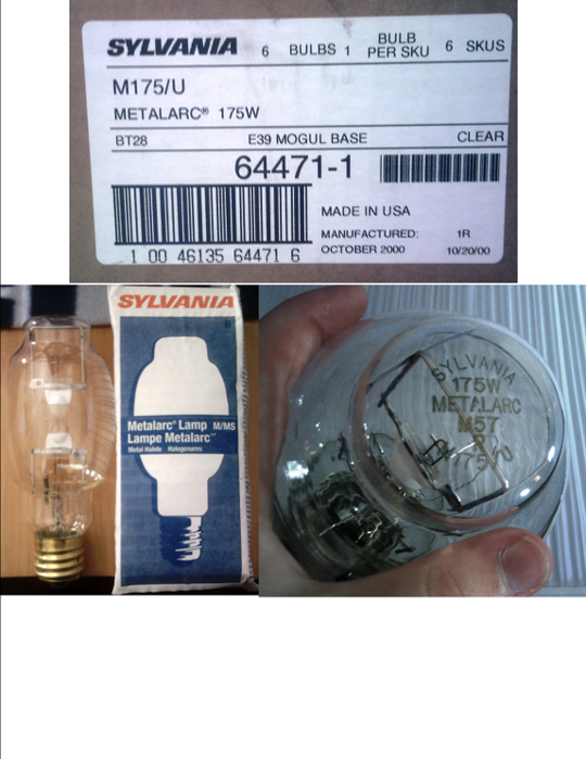 175W Sylvania Metalarcs From School!
We were cleaning out the shop in my Construction class and they somehow found their way into the shop... three out of six were left. from 10/2000, original case and all. I tested them on a 175W MV ballast but only one started up. Odd how some MH lamps will strike on MV ballasts but other lamps from the very same batch won't...
Keywords: Lamps