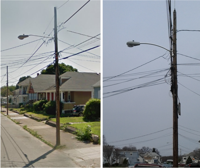 M-250R2 on a 6ft Upsweep REPLACES M-250R1 on Cantilever
NGrid replaced all the MV lights on Sweet Ave, Bristol Ave, and London Ave in Pawtucket with HPS M-250R2s. I guess this was a small-scale MV mass-changeout.

This was the only instance here when the mast arm was replaced too, due to the fact that the arm was sagging so badly. Looks like it just had to be tightened but whatever... With that new mast arm, it looks very much like a Cranston installation...
Keywords: American_Streetlights