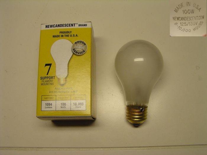 100w bulbs made in the USA in 2012? YUP!!!
These Newcandescent bulbs made the news buzz lately for being exempt from the incandescent ban, because they fall under the category of "rough service". Well I now have some, I bought a lot of 15 bulbs on the bay (minimum order). They are very nice bulbs, although a little on the dim side. They are USA made too, but not at the Mullins, SC plant. Rather they look like they were made by Trojan, Inc in Meadville, PA or maybe Newcandescent bought some of the Trojan machines and make them themselves...
Keywords: Lamps