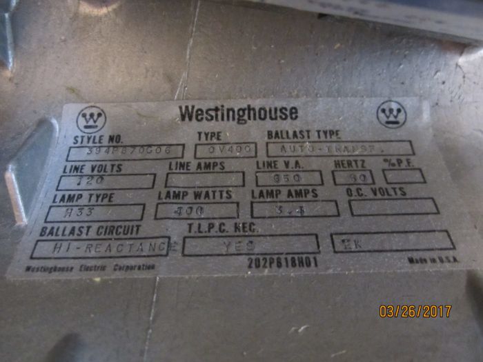 NOS Westinghouse OV-400
Fixture label inside my OV-400.
Keywords: American_Streetlights