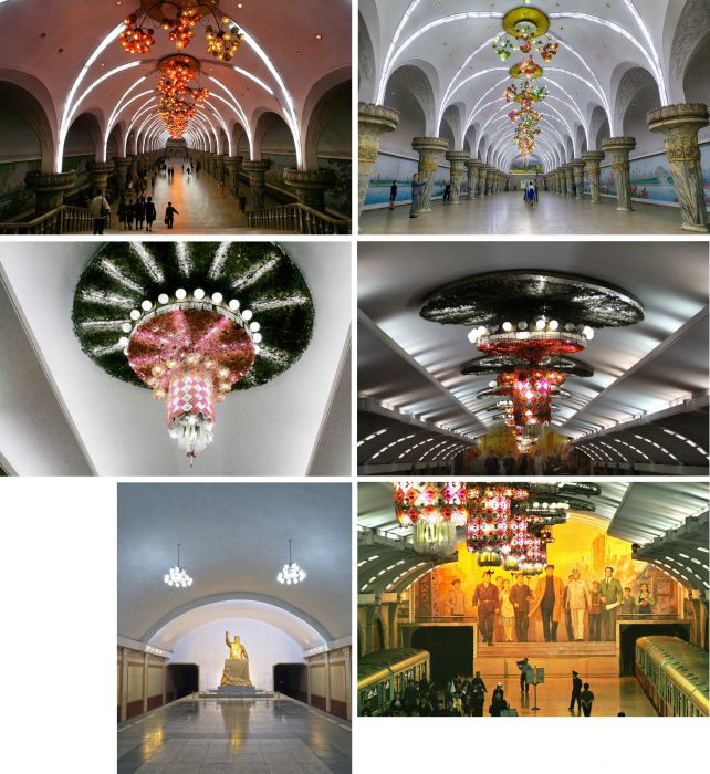 Pompous lighting in Pyongyang subway
A collage from Reuters photos taken in the North Korean capital underground.
If you can ignore the propagandistic pictures, the lighting is well - cool. I especially like the "berries" lights.
(Click the image for better details.)
Keywords: Indoor_Fixtures