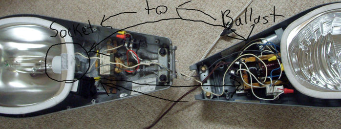 Remote ballast 115 expiriment
Here you see the insides. The picture has writing on it to help guide you through.

You see the socket wires go streight to the m-250r2 to where the socket connectors are.

The good thing is the socket int he 115 has long wires! nice thing let it be remote ballasted temporarily.
Keywords: Gear