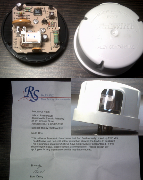 Replacement Ripley Photocell
Apparently Jacksonville Energy Authority (all these PCs must have been in JEA's inventory room at one point...) had an issue with a Ripley PC and this was the replacement sent, enclosed with a letter. Apparently it was never used... From 1994.
Keywords: Gear