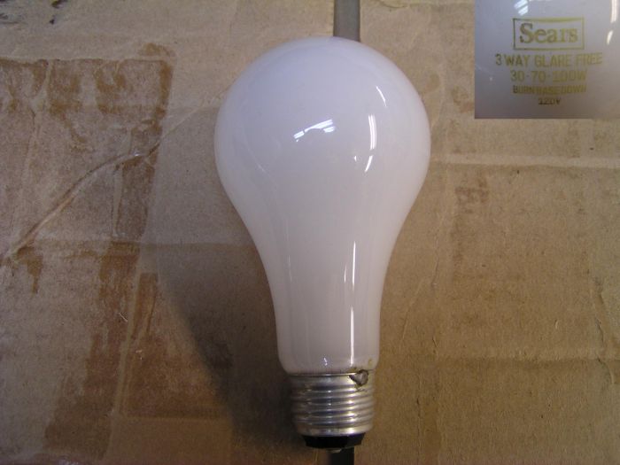 Sears 30-70-100w 3 way bulb
Nice oldie, circa '70. Still works. Made by Westinghouse.
Keywords: Lamps