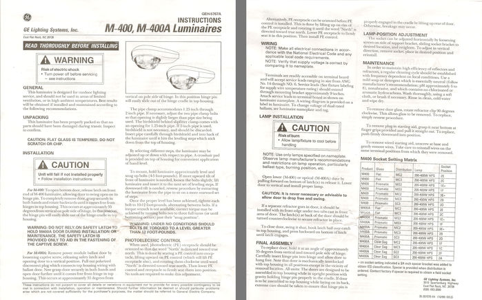 Instruction sheet for M-400 R3's
Here is the instruction sheet for those fixtures, click the image to read it.

It pretty much tells you all about the fixture and what not. And they call it the "M-400" and "M-400A" But we call it the M-400 R3 and M-400 A3 to prevent confusion from the 1959 M-400 or the 1960's M-400 A.

I scanned this as it came with my M-400 R3 I got new in box. Nice to have this! Especially a brand new M-400 R3.
Keywords: American_Streetlights