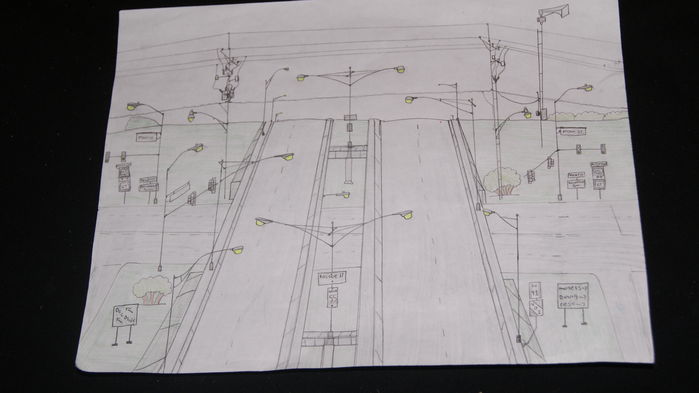 Another Streetlight Drawing by me..
drew this up yesterday,Freeway bridge passing over a road with signalized intersections with two way frontage roads on both sides,all lights were shaded in neon yellow-green to imitate MV Being lit,double guy wire arms on the first pole has a M400 and an OV-25,Oddly Curved Truss contains a Josyln Clamshell,Single double guy to itself on the left has an OV-25,Second Double Guy has two form 400's,Signal poles to the left both have Revere 2600s,signal pole on the right has a tudor,others wont fit the descrip.
Keywords: Drawings_/_Wire_Diagrams_/_Spec_Designs_/_Etc.